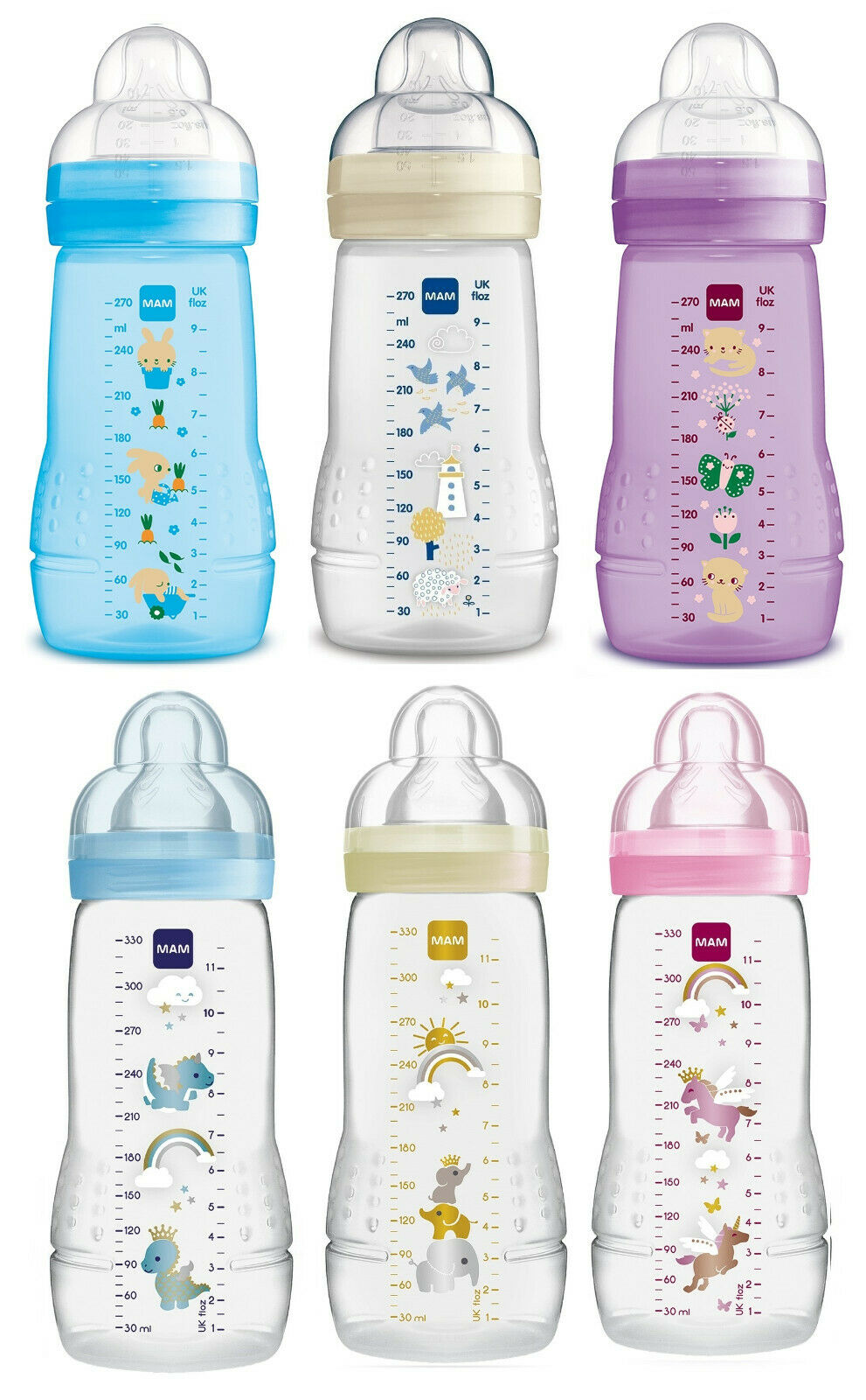 6 X Mam Easy Active Baby Bottle Flaschen Set 270 & 330 Ml Mit Seidensauger *neu*